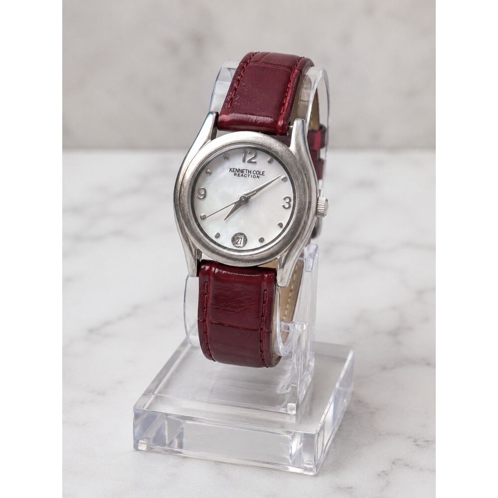 Kenneth Cole Reaction Womens Round Watch with Date MOP Leather Band New Battery